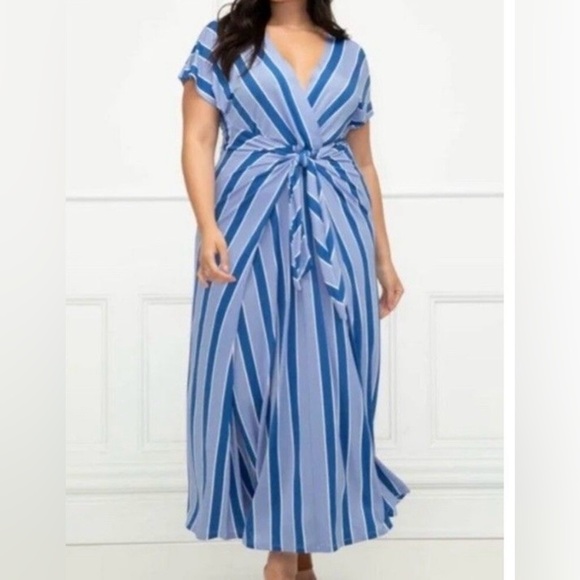 Eloquii Blue Faux Wrap Tie Front Maxi Dress - Picture 1 of 15